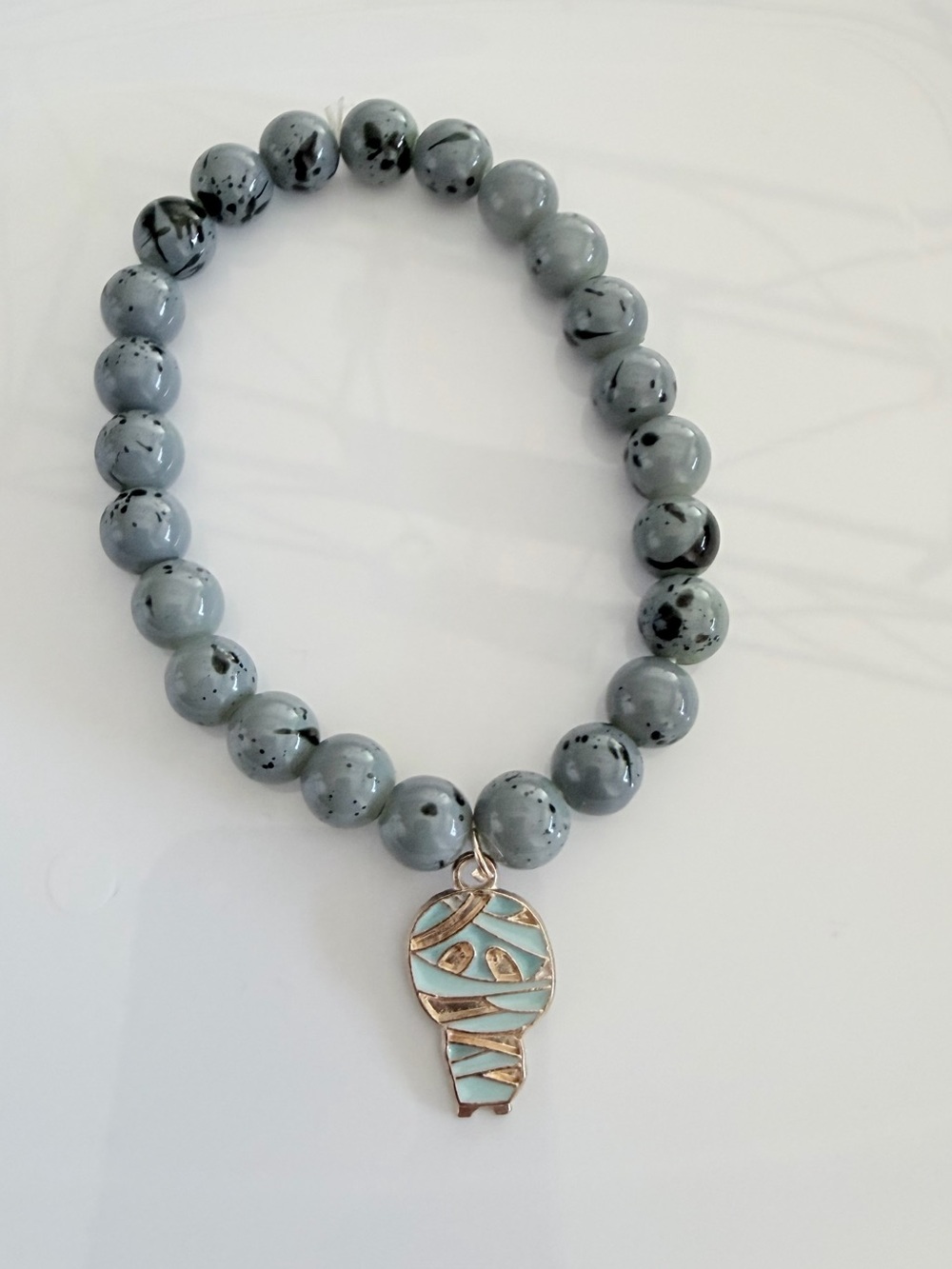 Mummy Charm Halloween Bracelet Gray Speckled Beaded Handmade Jewelry